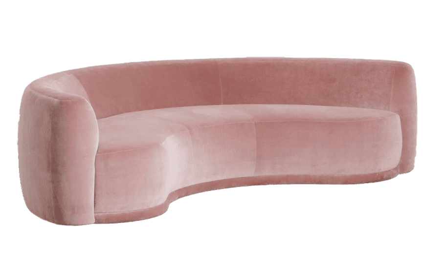 A curved, upholstered sofa with a smooth, rounded silhouette and a plush velvet-like texture. The sofa features a continuous seat and backrest, with no distinct cushions visible. Its form is minimalist and organic, suggesting a modern or art deco influence. The base is low-profile and appears to be integrated into the overall curved structure. — 3D model