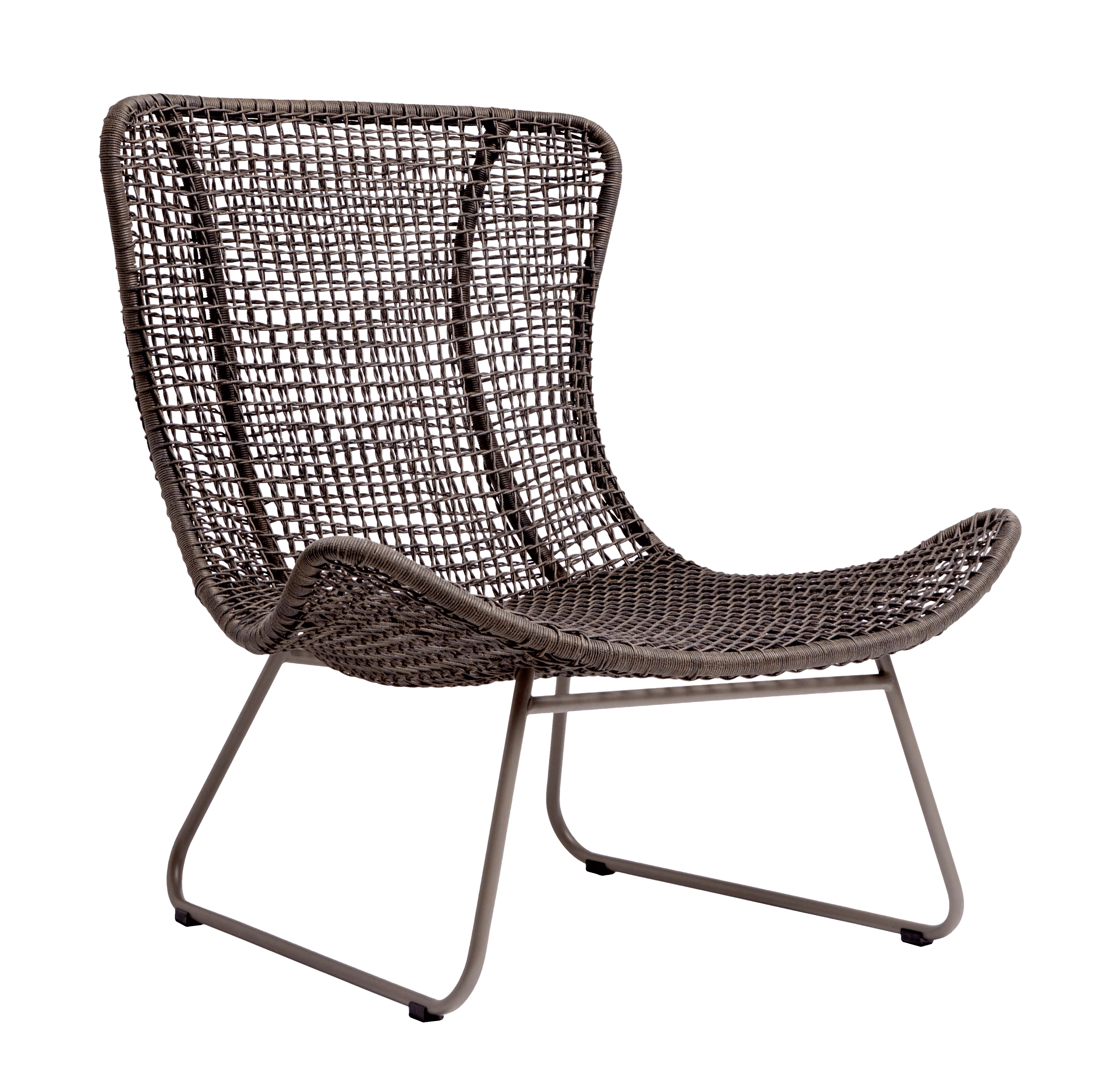 A modern armchair with a high, curved back and seat. The seat and backrest are constructed from a woven material, possibly synthetic rattan or wicker, forming a grid-like pattern. The frame is made of metal tubing, bent into a sled-style base for stability. The chair has a contemporary, minimalist aesthetic. — 3D model