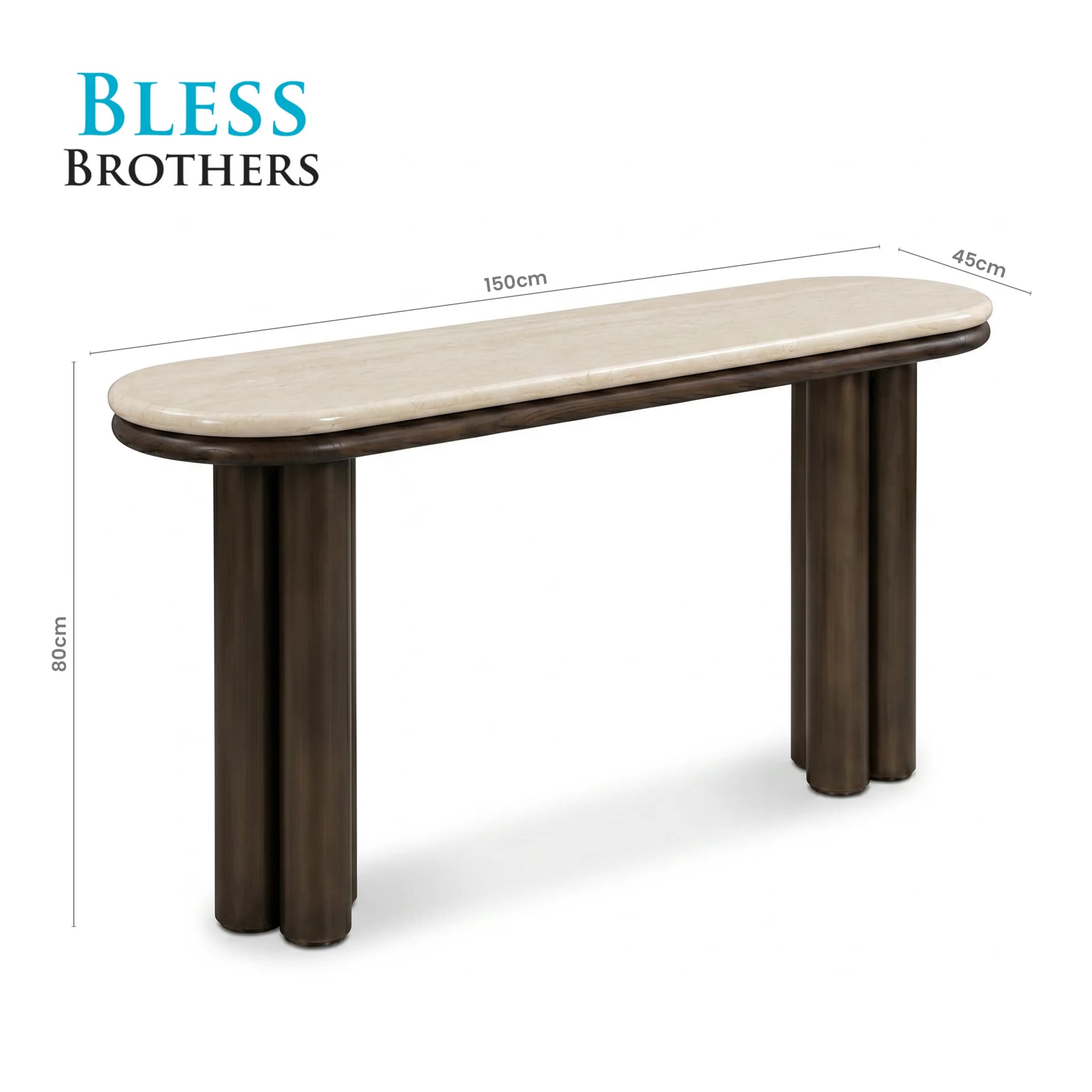 An oval-shaped console table featuring a natural travertine top and a dark-finished tubular metal base with clustered legs. — 3D model