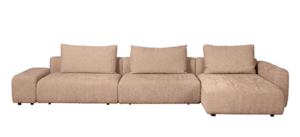 A modern modular sectional sofa in a light beige textured fabric, comprising multiple components including an end arm section, armless sections, and a chaise lounge. — 3D model