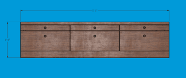 A long, low dark-stained wooden cabinet, likely a sideboard, featuring multiple storage compartments including both drawers and doors, all equipped with small circular black pull handles. The piece has a clean, minimalist design and rests on a recessed plinth base. — 3D model