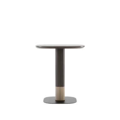 A modern side table featuring a dark wood finish on its tabletop and upper pedestal, contrasted with a lighter, textured material on the lower pedestal, all supported by a flat, dark rectangular base with rounded corners. — 3D model