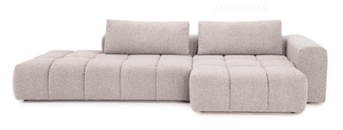 A contemporary modular sectional sofa featuring a chaise lounge on the left, upholstered in a light beige or off-white bouclé-style textured fabric. The sofa has deep channel tufting on the seat and backrest cushions, creating a distinctive segmented appearance. It includes two detached back cushions, suggesting a customizable and comfortable seating arrangement. The design is low-profile and has a soft, inviting aesthetic. — 3D model