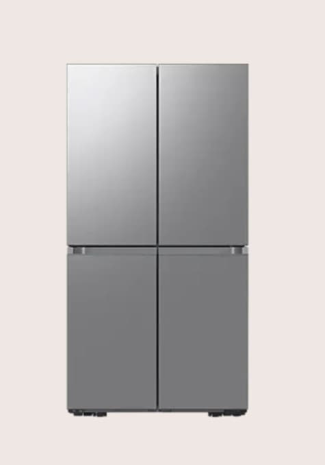 A modern, sleek, stainless steel quad-door refrigerator featuring a minimalist design with integrated or recessed handles. The unit has two upper doors for refrigeration and two lower doors, likely for freezer compartments, creating a four-panel front facade. It stands on adjustable leveling feet. — 3D model