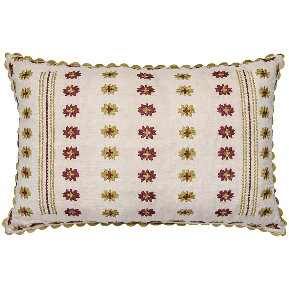 A rectangular cushion with a natural-colored fabric cover featuring embroidered floral motifs in alternating burgundy and olive green colors. The embroidery is arranged in a grid pattern across the surface, with vertical decorative borders on either side. The edges of the cushion are finished with a scalloped trim in olive green. — 3D model