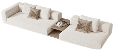A contemporary modular sectional sofa upholstered in a light-toned, textured boucle-style fabric, featuring two expansive seating sections. An integrated two-tiered wooden side table connects and separates the sofa components, offering a functional surface within the seating arrangement. The design is characterized by its low-profile silhouette and clean lines. — 3D model
