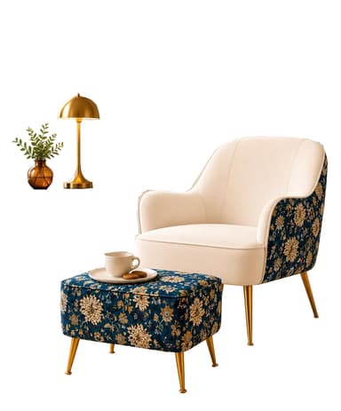 A single upholstered accent armchair featuring a deep blue fabric with an elaborate multi-color floral and botanical pattern. It has a rounded, bucket-style back and integrated armrests, supported by four slender, splayed gold-finished metal legs. — 3D model