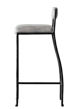A bar stool with a black metal frame and a cushioned seat and backrest. The seat is upholstered in a light gray material. The backrest is narrow and features a striped pattern in white and grey, with the stripes running horizontally. — 3D model