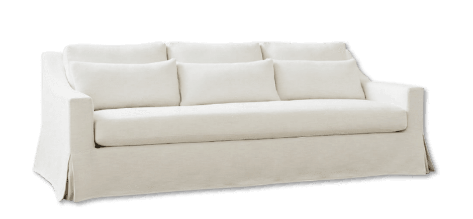 A white, three-seater sofa with a skirted base and plush cushions. The sofa has a relaxed silhouette with rolled arms and a slipcover design. It features three back cushions and three seat cushions, all appearing to be soft and filled. — 3D model