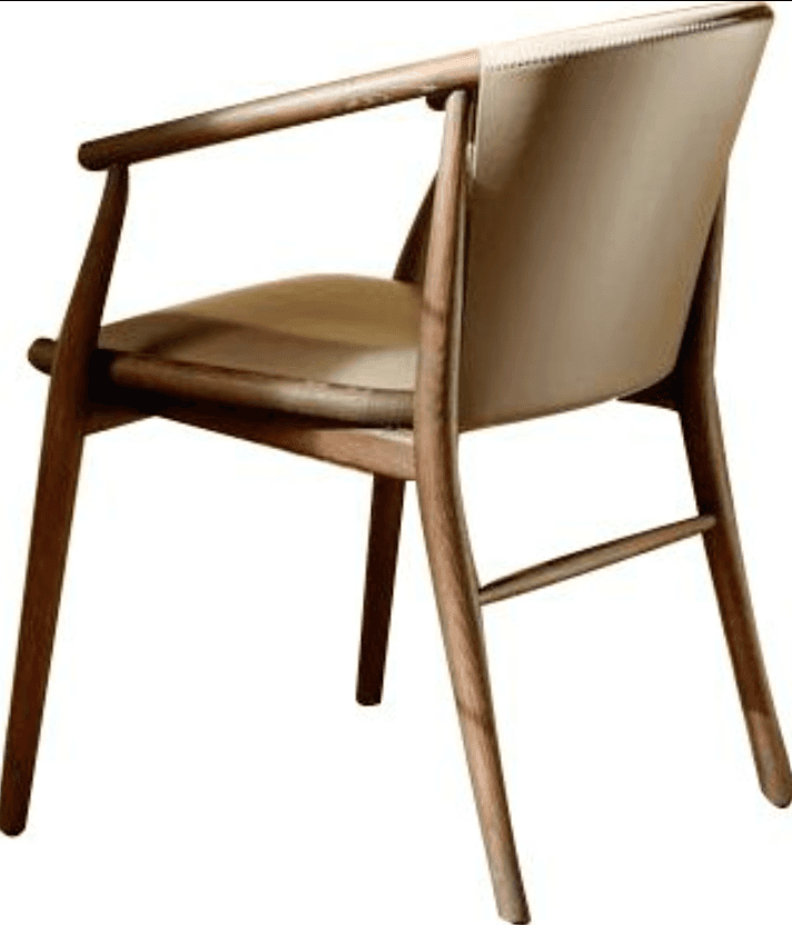 A modern dining armchair featuring a solid wooden frame with elegantly rounded lines and tapered legs. The seat and backrest are upholstered in a light beige or taupe material, likely leatherette or fabric, providing a comfortable seating surface. The backrest shows subtle stitching details along its upper edge, suggesting a tailored finish. The armrests are integrated seamlessly into the frame, curving gently to meet the back. — 3D model