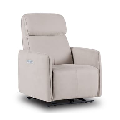 A contemporary recliner chair upholstered in a light beige, suede-like fabric, featuring a high back with an integrated headrest and plush, rolled armrests, designed for comfort and relaxation. — 3D model