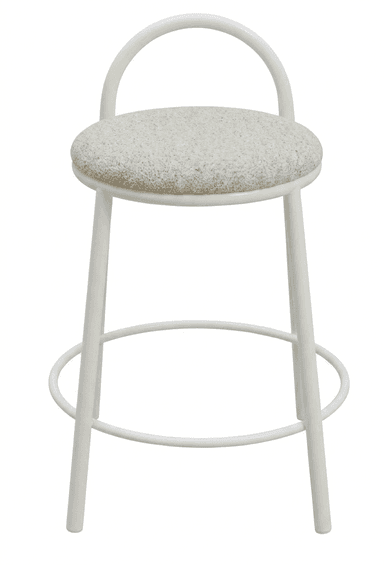 A contemporary bar stool featuring a sleek white metal frame with four tubular legs, a circular footrest, and a curved hoop backrest. The circular seat is upholstered in a light, textured cream or off-white fabric. — 3D model
