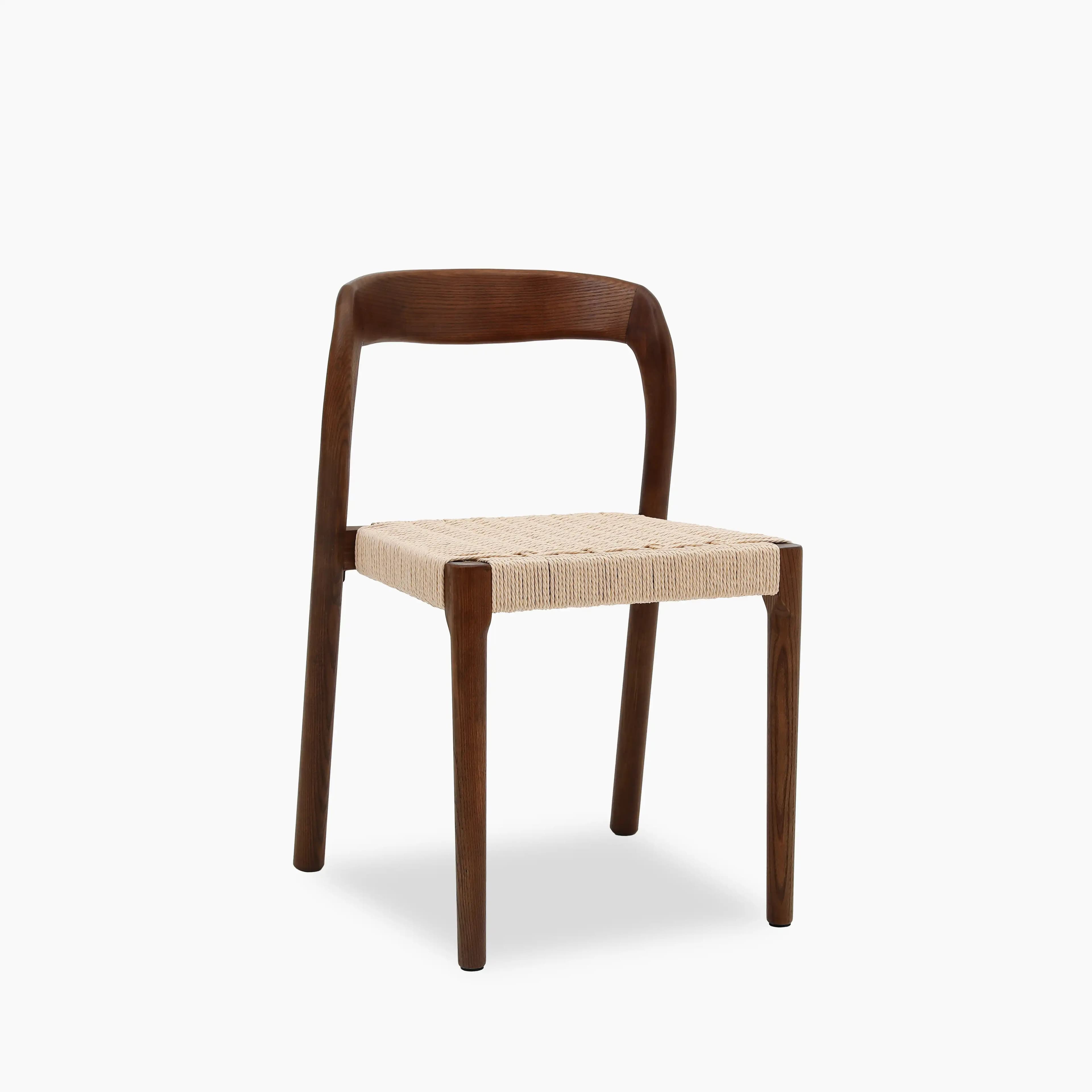 A wooden dining chair with a woven seat. The chair features a solid wood frame with gently curved backrest and legs. The seat is constructed from tightly woven natural fiber ropes or cords, providing a textured surface. — 3D model