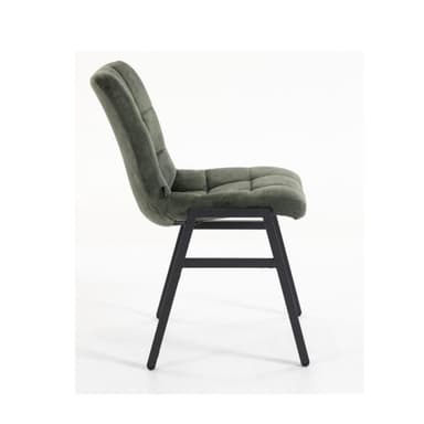 A contemporary dining chair featuring a padded, curved backrest upholstered in a dark green, textured fabric. The chair's frame consists of slender, black-finished metal legs, providing a minimalist and sturdy foundation. The image captures the chair from the rear, highlighting the seamless transition from the upholstered back to the leg structure. The clean lines and monochromatic palette suggest a modern aesthetic suitable for various interior designs. — 3D model