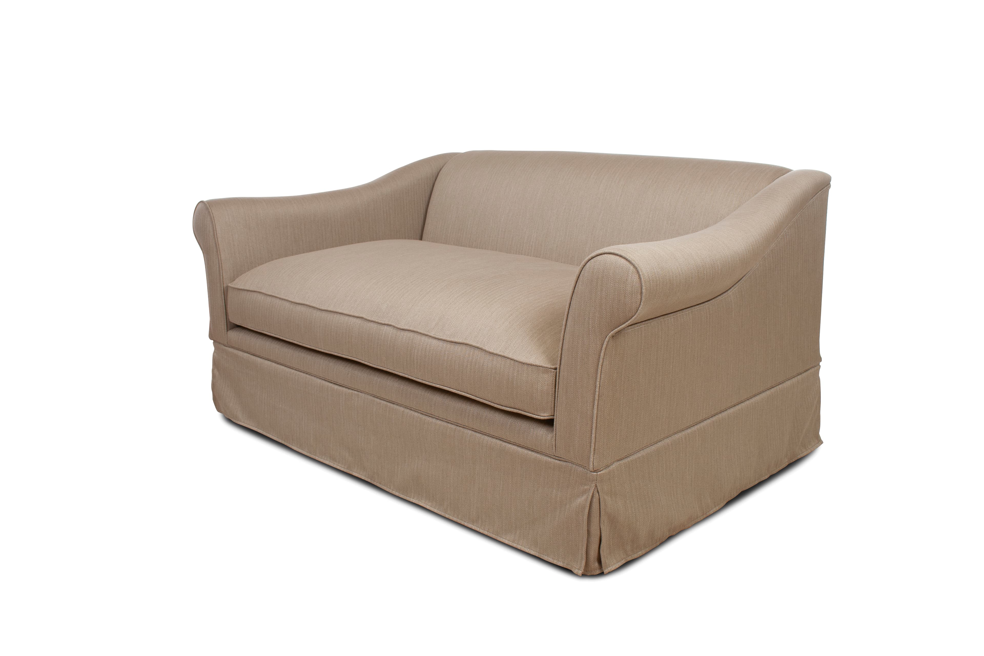 A traditional upholstered loveseat featuring rolled arms and a skirted base, presented in a light beige, subtly textured fabric. The loveseat includes a single, generously proportioned seat cushion, providing comfortable seating for two people. Its design suggests a classic and timeless aesthetic suitable for various interior settings. — 3D model