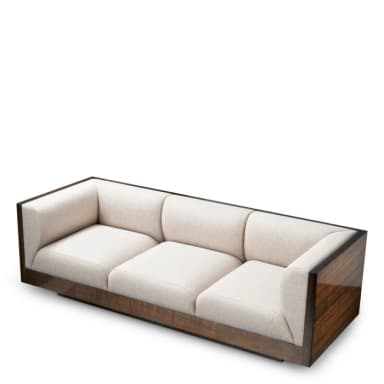A contemporary three-seater sofa featuring a distinctive glossy dark wood frame that encases light-colored upholstered cushions. The design is sleek and architectural, presenting a modern and refined aesthetic. — 3D model