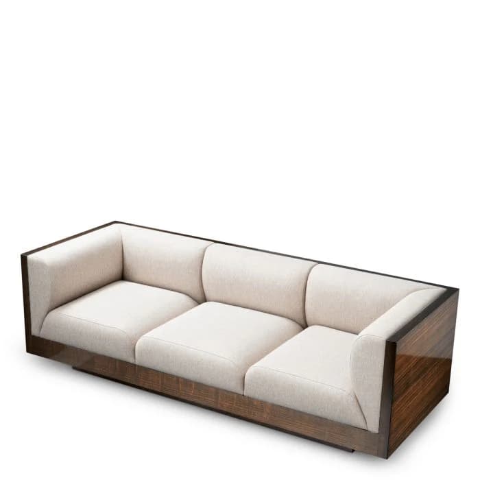 A contemporary three-seater sofa featuring a distinctive glossy dark wood frame that encases light-colored upholstered cushions. The design is sleek and architectural, presenting a modern and refined aesthetic. — 3D model