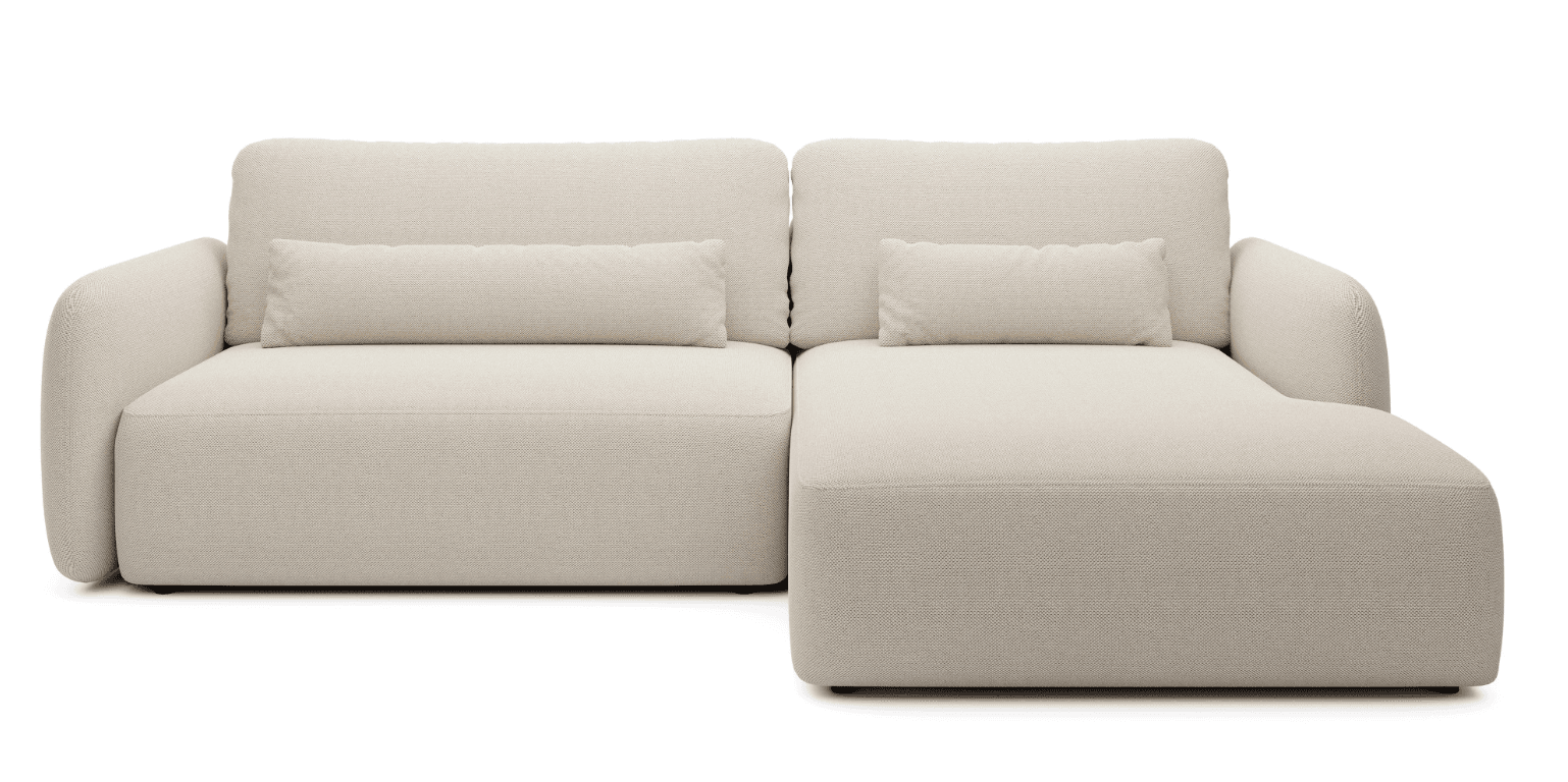 A contemporary modular sectional sofa featuring a two-seat section combined with a chaise lounge component, all upholstered in a cream-colored, textured fabric. The sofa has a low-profile design with rounded armrests and back cushions, creating a soft, inviting aesthetic. It includes two matching rectangular lumbar cushions. — 3D model