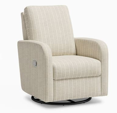 A contemporary upholstered recliner chair featuring a light beige fabric with subtle vertical off-white pinstripes. The chair has plush, rounded armrests and a high back. It sits on a dark, circular metal swivel base, allowing for 360-degree rotation. A silver-toned recline lever is visible on the right side of the chair, indicating its reclining functionality. The overall design is clean and modern, providing both comfort and versatile movement. — 3D model