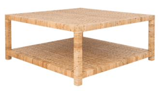 A square, two-tiered coffee table constructed from woven natural rattan or a similar material, featuring a light, natural finish and sturdy block legs. — 3D model