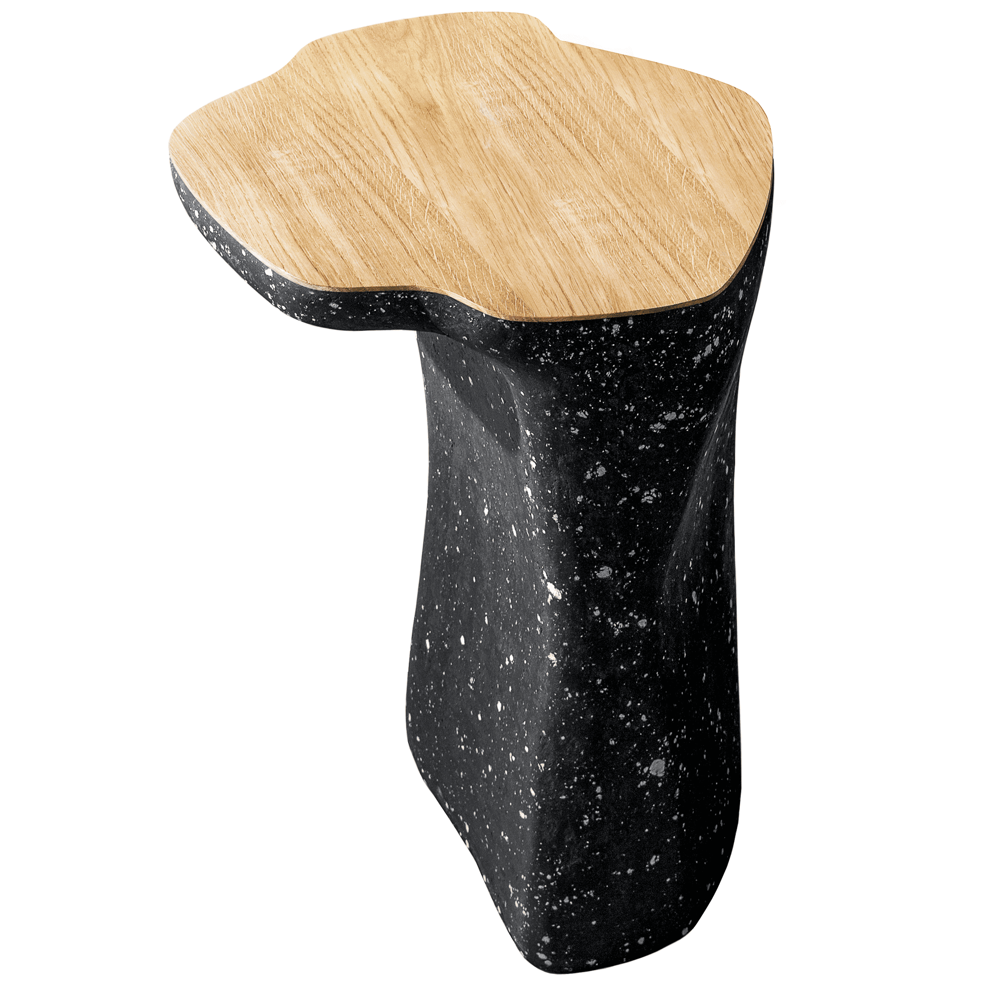 A modern side table with an organically shaped wooden top and a sculpted base. The base features a speckled black finish. — 3D model