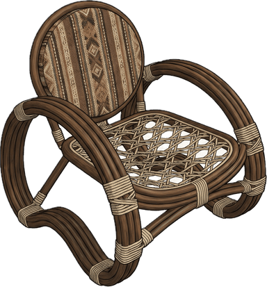 A low-slung armchair constructed from bent rattan or bamboo, featuring a rounded upholstered backrest with a patterned fabric and a woven cane seat. The frame is dark brown, and joints are secured with lighter natural lashing. — 3D model
