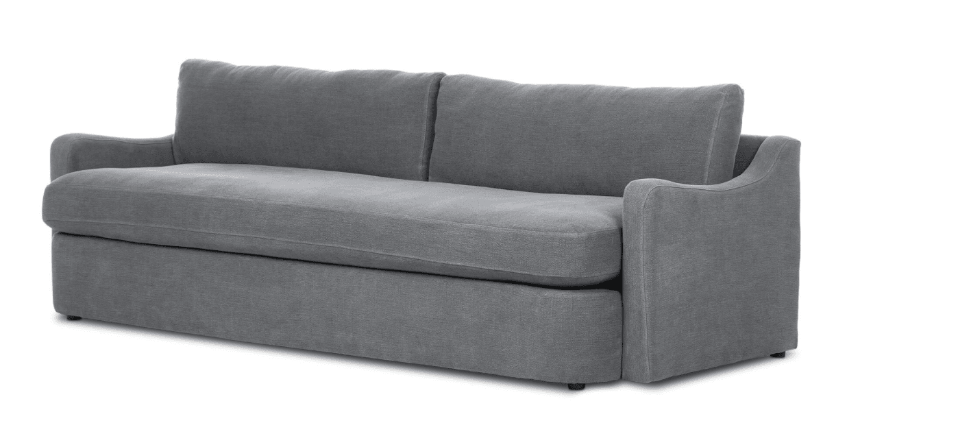 A modern, two-seater loveseat upholstered in gray fabric, featuring soft lines and a contemporary aesthetic. — 3D model