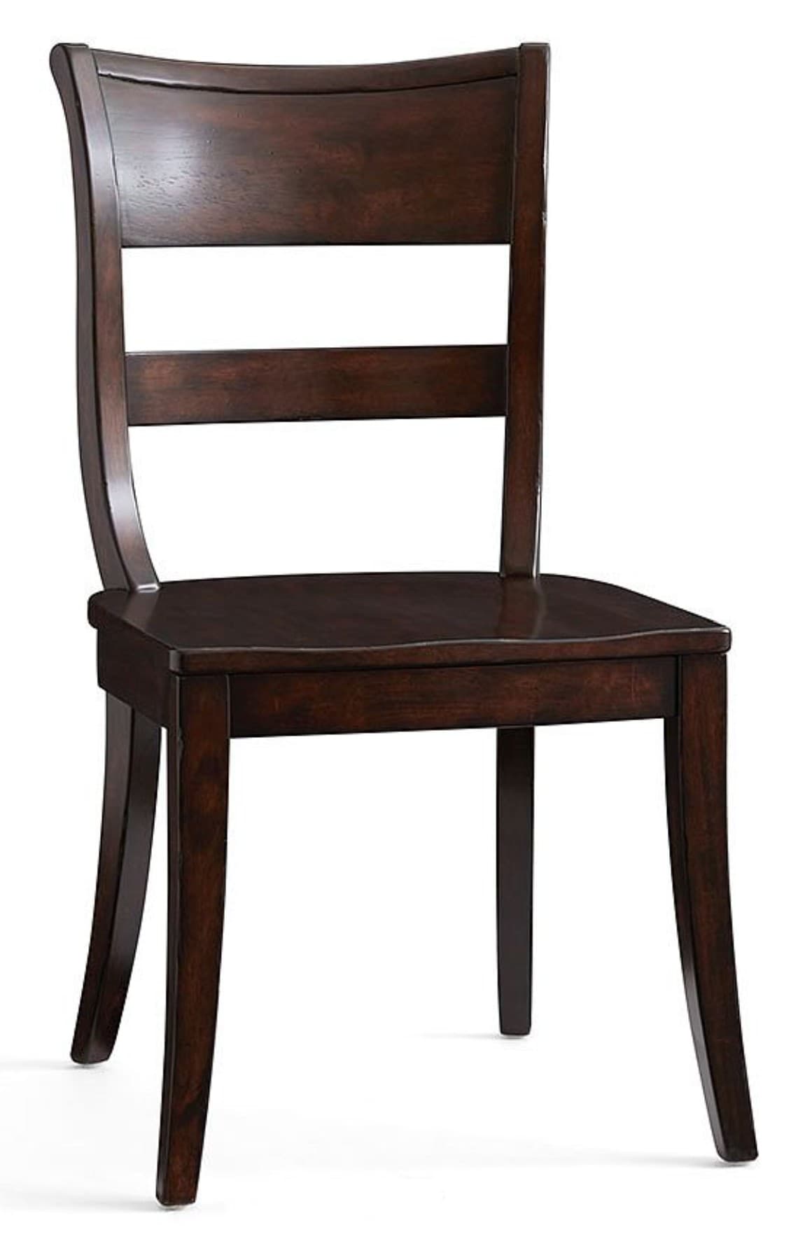 A dark brown wooden dining chair with a curved backrest and a slatted design. It features a contoured seat and four tapered legs. — 3D model