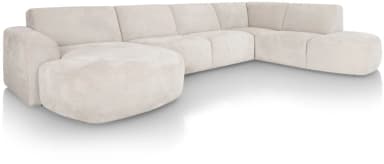 A sectional sofa, viewed from the rear, configured in an L-shape. It features a light beige upholstery with a textured finish. The sofa has a modular design with distinct cushioned sections. The backrests are low and straight, with visible stitching indicating the panel construction. The armrests are slightly rounded and integrated into the main body of the sofa. The base is low to the ground and appears to have small, dark feet. — 3D model