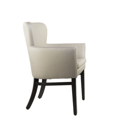 The image displays a technical drawing with dimensions of an upholstered armchair. The chair features a barrel-shaped backrest, integrated armrests, and a separate seat cushion. It is supported by four dark-finished, tapered wooden legs, with the rear legs showing a slight outward flare. The drawing includes various measurements for height, width, and depth. — 3D model