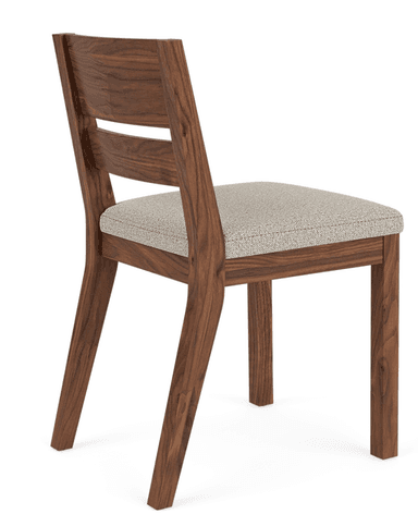 A modern dining chair constructed from walnut wood, featuring an upholstered seat in a light grey or beige fabric and a backrest with two horizontal slats. — 3D model