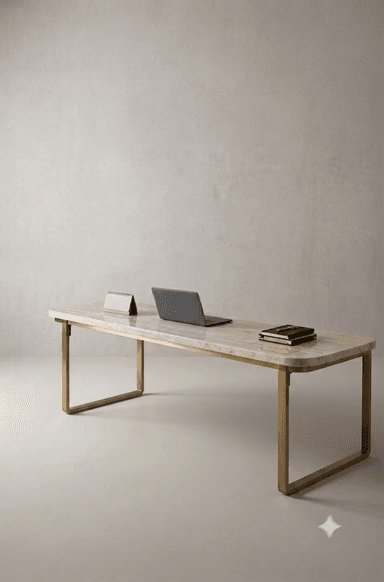 A low, rectangular table featuring a light-toned, possibly travertine, slab top with gently rounded corners, supported by a minimalist base of two gold-finished metal U-shaped frames. — 3D model