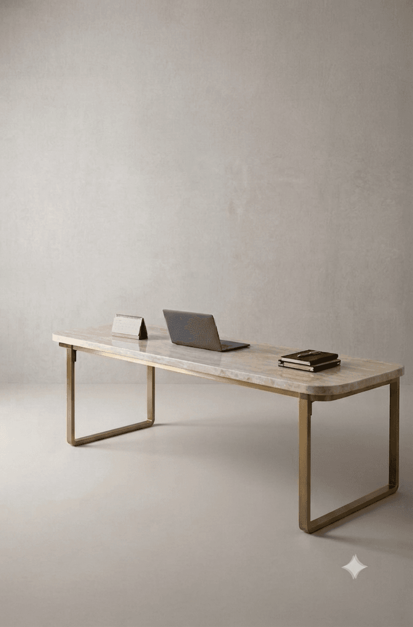 A low, rectangular table featuring a light-toned, possibly travertine, slab top with gently rounded corners, supported by a minimalist base of two gold-finished metal U-shaped frames. — 3D model