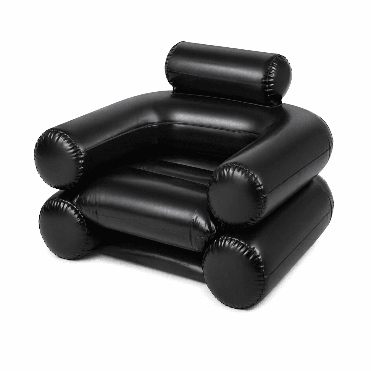 An inflatable armchair with a modern, rounded design. It features a plush, segmented seat and backrest, with substantial armrests and a cylindrical headrest. The construction is characterized by visible stitching along the seams of the inflatable sections, creating a segmented, pillow-like appearance. The base is also inflated and supports the main body of the chair. — 3D model