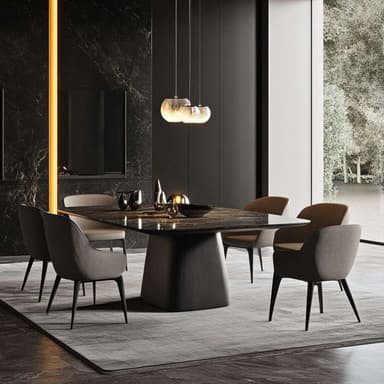 A modern dining set featuring a rectangular table with rounded corners and a pedestal base, accompanied by four upholstered chairs. Above the table, a cluster of four pendant lights with spherical glass shades is suspended. — 3D model