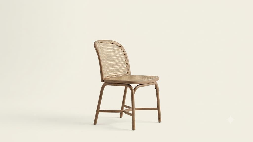 An armless dining chair featuring a gracefully curved frame that appears to be made of bentwood or a wood-effect material. Both the seat and the backrest are constructed from woven cane, providing a light, airy aesthetic. The chair has a uniform light brown or tan color, contributing to its natural and minimalist appeal. — 3D model