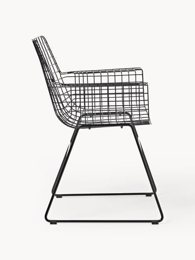A modern black wireframe armchair featuring an open grid design for its seat, backrest, and integrated armrests. The chair is supported by a minimalist sled base made of tubular metal. — 3D model