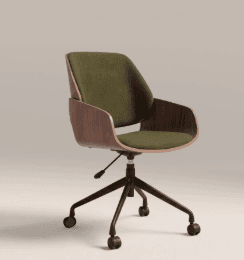 A contemporary bentwood swivel desk chair featuring an olive green upholstered seat and backrest, encased within a dark-finished, curved bentwood shell. The chair is supported by a black metal five-star base equipped with casters for mobility and has a visible lever for height adjustment. — 3D model