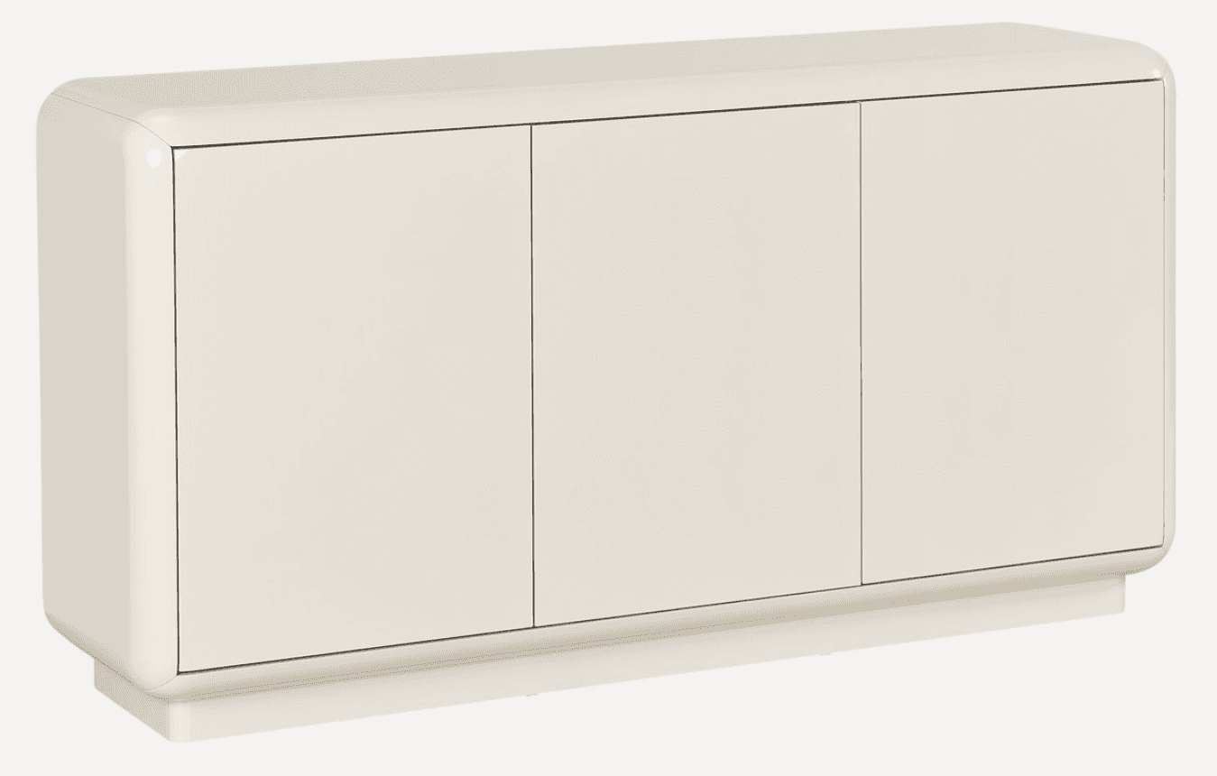 A long, low storage cabinet, likely a credenza or sideboard, featuring three flush cabinet doors and distinctly rounded corners on the top, front, and sides. It is finished in a smooth, light-colored lacquer and rests on a recessed plinth base, contributing to its minimalist and contemporary aesthetic. — 3D model