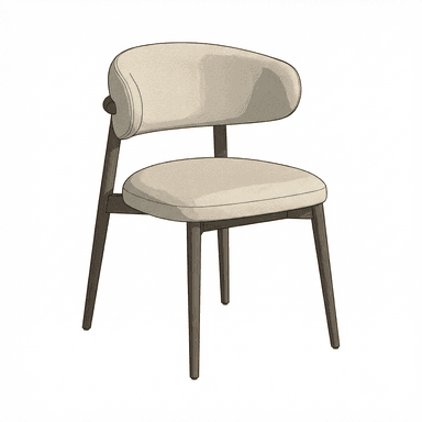 A modern dining chair with a gently curved upholstered backrest and seat. The frame and legs are constructed from wood, and the upholstery is a textured fabric in a neutral tone. The design features clean lines and a minimalist aesthetic. — 3D model
