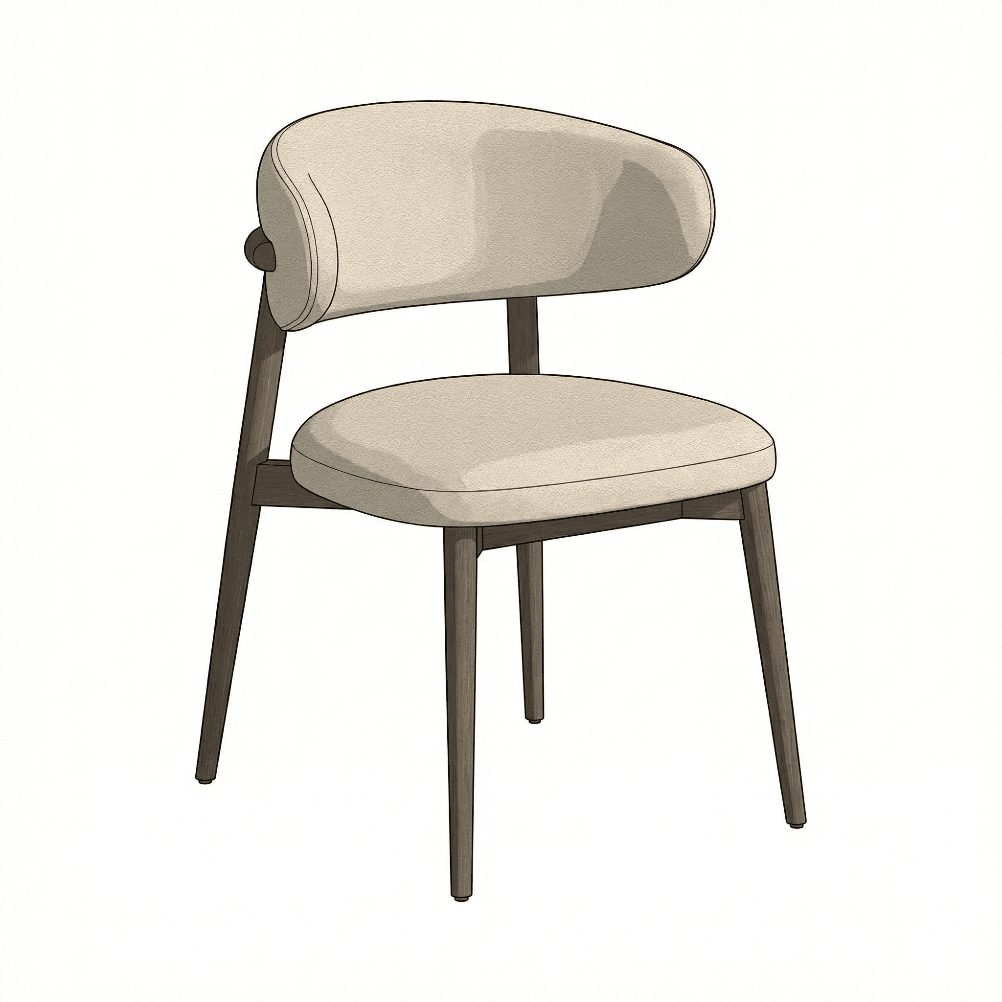 A modern dining chair with a gently curved upholstered backrest and seat. The frame and legs are constructed from wood, and the upholstery is a textured fabric in a neutral tone. The design features clean lines and a minimalist aesthetic. — 3D model