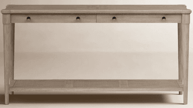 A slender console table with a rectangular top and four tapered legs. The table features two drawers with simple, round metal pulls. The lower shelf has a woven cane insert with a linear pattern. — 3D model