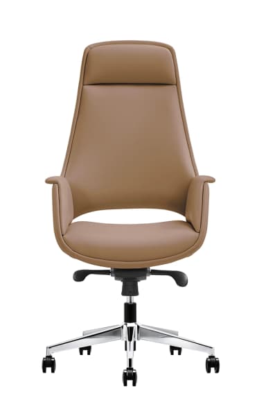 A modern office chair with a high, contoured backrest and integrated armrests. The chair features a polished chrome five-star base with caster wheels for mobility and a pneumatic height adjustment lever. The upholstery appears to be a smooth, tan-colored material, possibly leather or high-quality synthetic. — 3D model