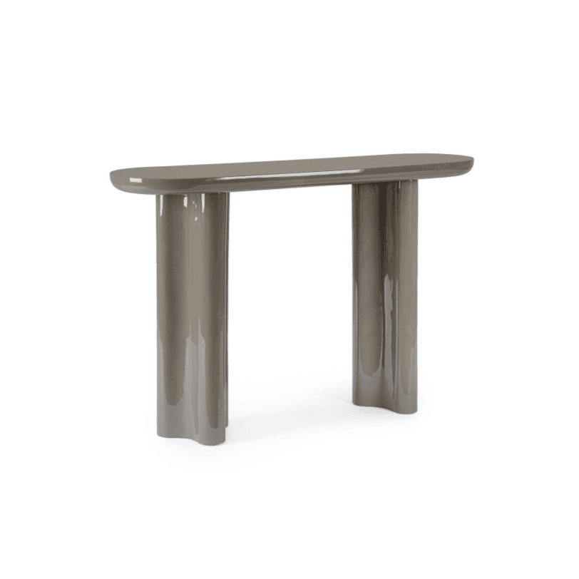 A console table with a rounded rectangular top supported by two cylindrical legs that are flared at the base. The legs have a slightly curved, undulating profile at their bottom edges. — 3D model