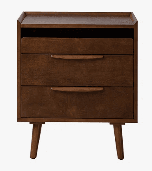 A wooden nightstand with two drawers and an open shelf above them. It features angled legs and integrated drawer pulls with a curved design. The finish is a warm, dark brown. — 3D model