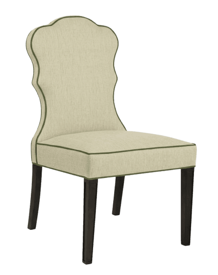 A dining chair with a tall, shapely backrest and a cushioned seat. The chair is upholstered in a textured, light-colored fabric and features dark, tapered legs. A contrasting green piping outlines the edges of the upholstery. — 3D model