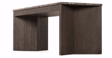 A modern console table with a thick, rectangular top featuring a marbled stone finish. The base consists of two substantial, rectangular legs made of dark wood, creating an open space beneath the tabletop. The wood exhibits a prominent grain pattern and a dark stain. Two drawers are integrated into the underside of the tabletop, positioned towards the back. — 3D model