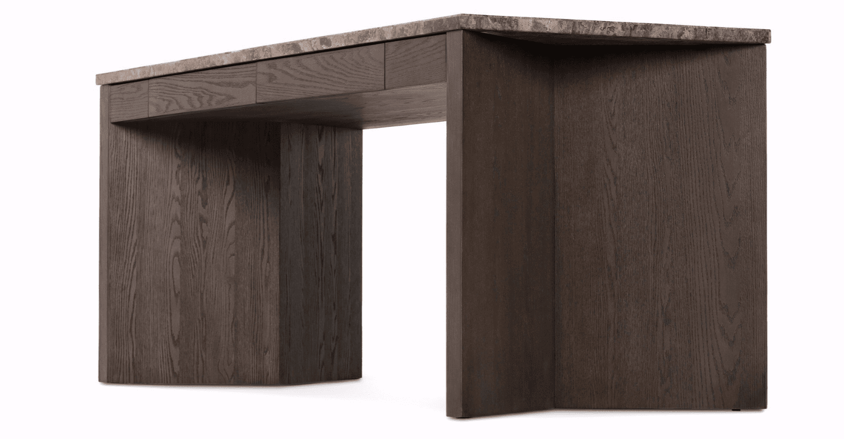 A modern console table with a thick, rectangular top featuring a marbled stone finish. The base consists of two substantial, rectangular legs made of dark wood, creating an open space beneath the tabletop. The wood exhibits a prominent grain pattern and a dark stain. Two drawers are integrated into the underside of the tabletop, positioned towards the back. — 3D model