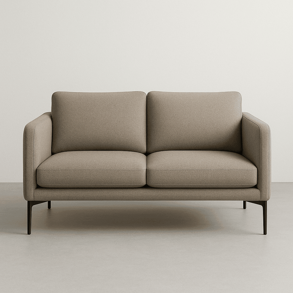 A contemporary two-seater sofa with a low profile and clean lines. It features a fabric upholstery in a neutral tone, with plush seat and back cushions. The sofa is supported by slender, dark-colored legs. — 3D model