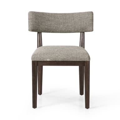 A side chair with a wooden frame and upholstered seat and backrest. The frame has a dark finish and appears to be constructed from solid wood. The seat is rectangular and the backrest is composed of two curved upholstered panels attached to a wooden support. The legs are straight and slightly tapered. — 3D model